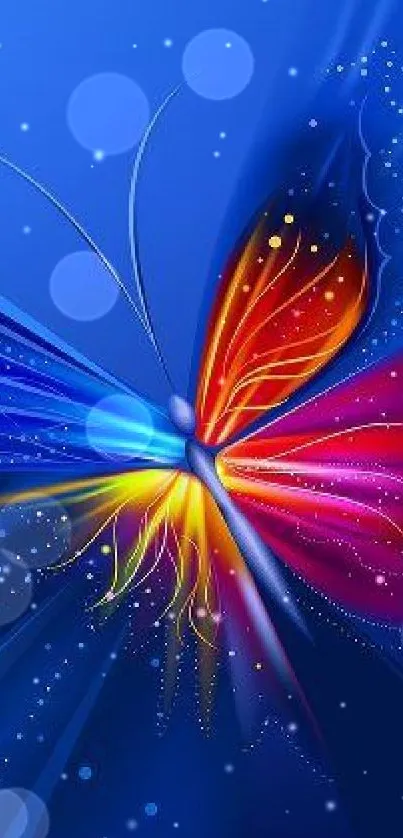 Vibrant abstract butterfly wallpaper with blue, red, and yellow hues.