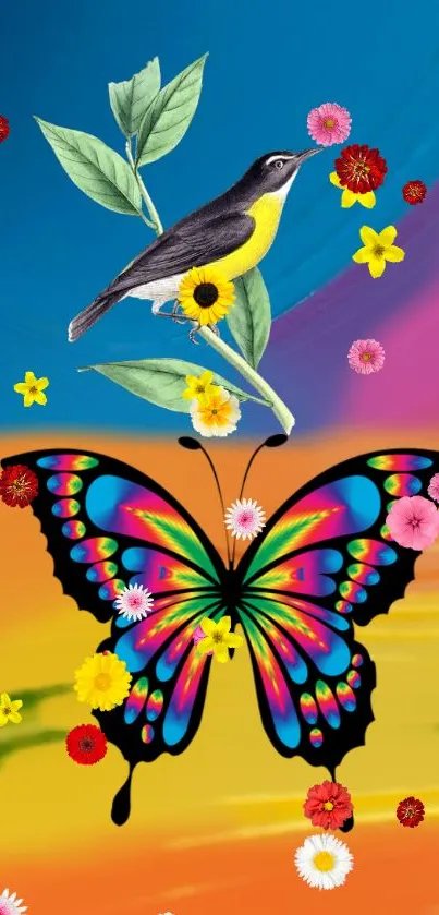 Colorful butterfly with bird and flowers on blue background.