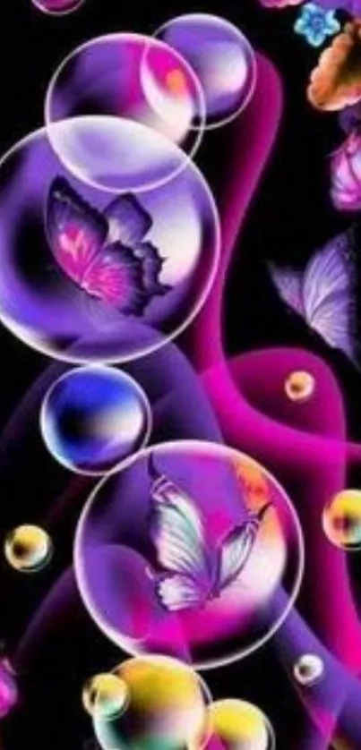 Colorful butterfly and bubble wallpaper art on black background.