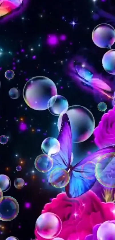 Colorful butterfly and bubbles on galaxy background wallpaper.