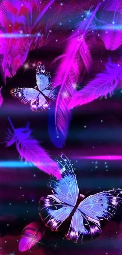 Purple butterfly and feather wallpaper with a vibrant theme.