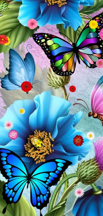 Vivid mobile wallpaper with colorful butterflies and lush flowers.