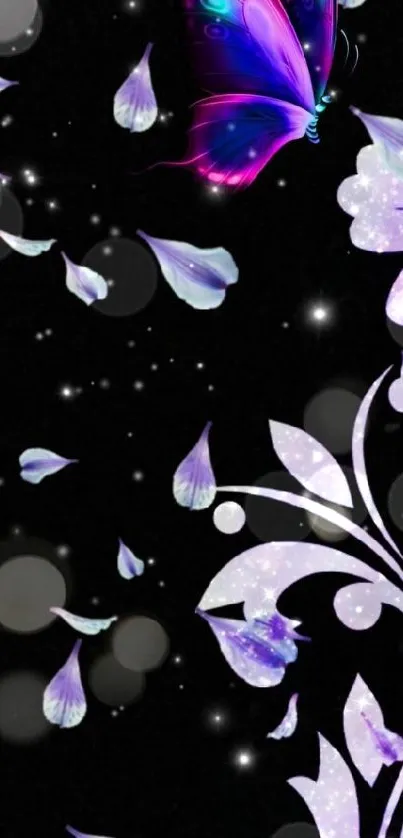 Vibrant butterfly and floral design on a dark background mobile wallpaper.