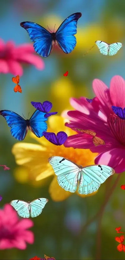 Colorful butterflies among vibrant flowers create a lively, nature-inspired wallpaper.