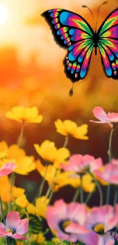 Colorful butterfly hovering over vibrant flowers at sunset.