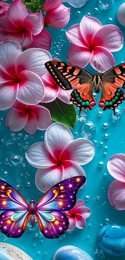 Colorful butterflies and pink flowers on teal background.