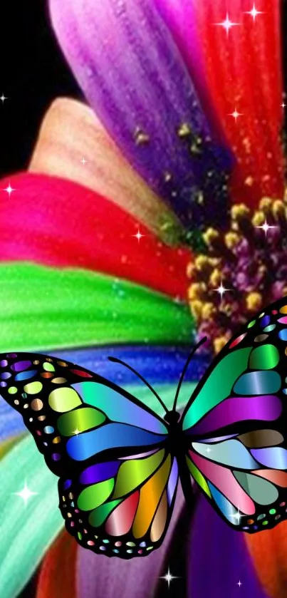 Vibrant butterfly on a colorful flower, sparkling mobile wallpaper.