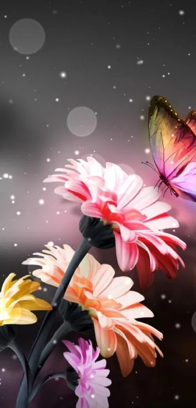 Colorful butterfly floating above vibrant flowers on a dark background.