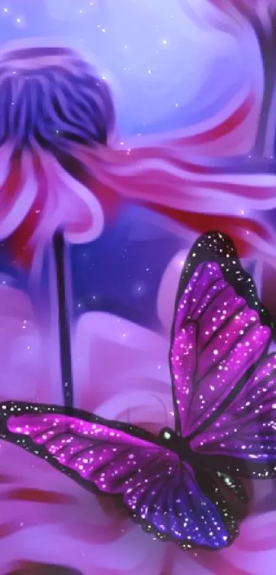 Purple butterfly resting on a vibrant flower in artistic style.