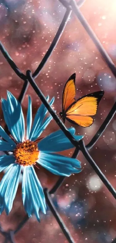 Butterfly and blue flower on copper background.