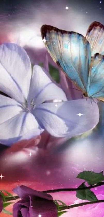 Vibrant butterfly and flower cosmic wallpaper.