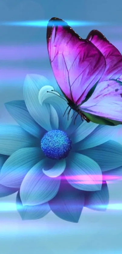 Purple butterfly on neon flower with blue glow.