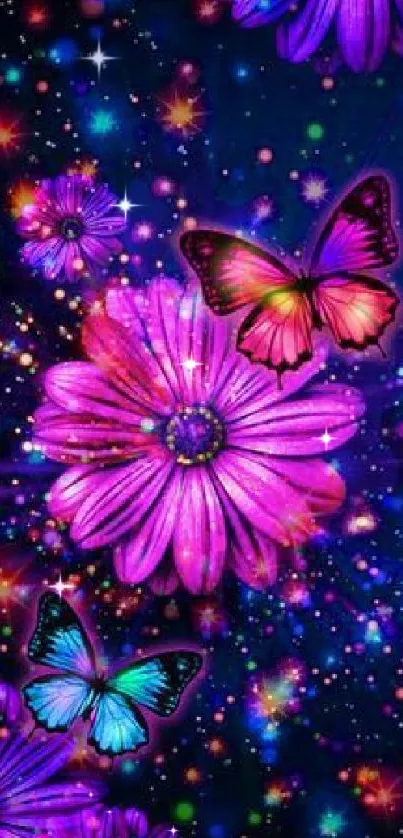 Vibrant butterflies and flowers against a starry backdrop.