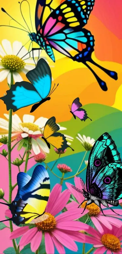 Colorful butterflies and flowers wallpaper for a vibrant phone background.