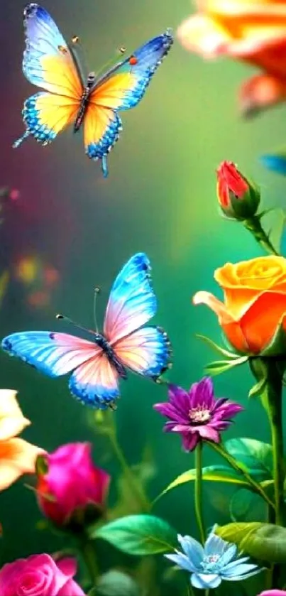 Colorful butterflies flutter over vibrant flowers in a lush garden scene.