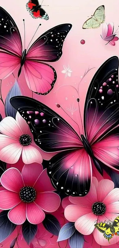 Vibrant pink butterfly and flower mobile wallpaper.