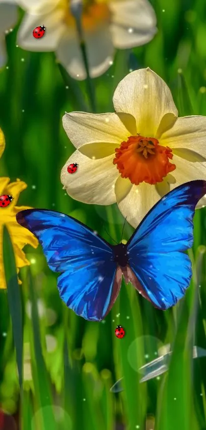 Blue butterfly on flowers amid greenery with ladybugs.