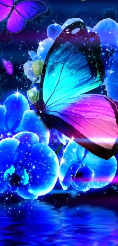 Vibrant butterfly and glowing blue flowers in a digital art wallpaper.