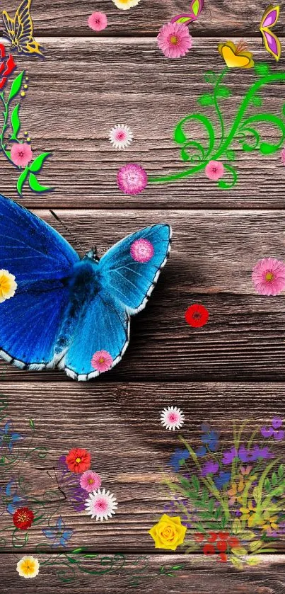 Blue butterfly and flowers on wooden background mobile wallpaper.