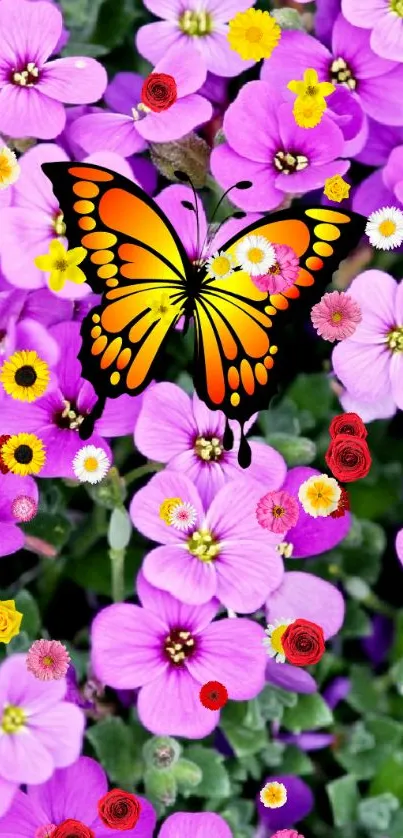 Colorful butterfly on vibrant purple flowers background.