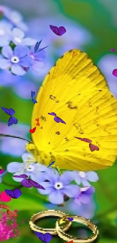 Yellow butterfly on purple flowers in lush greenery wallpaper.