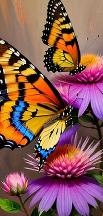 Colorful butterfly on purple flowers, vibrant nature wallpaper.