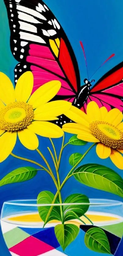 Vibrant butterfly perched on yellow flowers in a vase against a blue background.