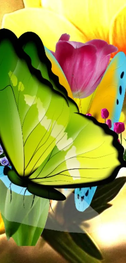 Vibrant green butterfly with colorful flowers on wallpaper.