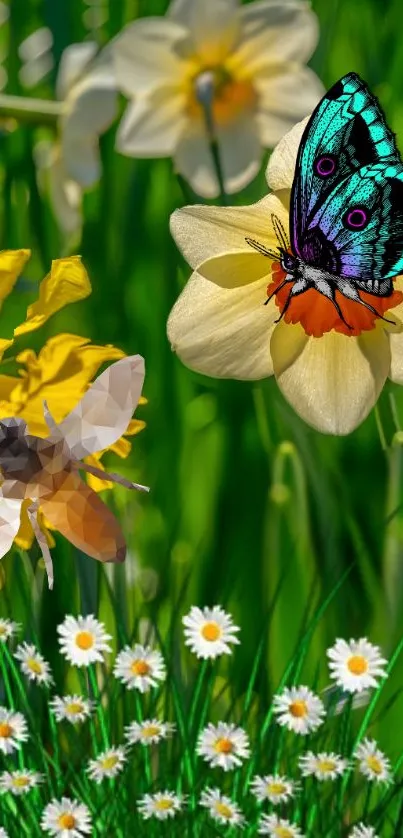 Colorful butterfly and spring flowers on lush green grass background.