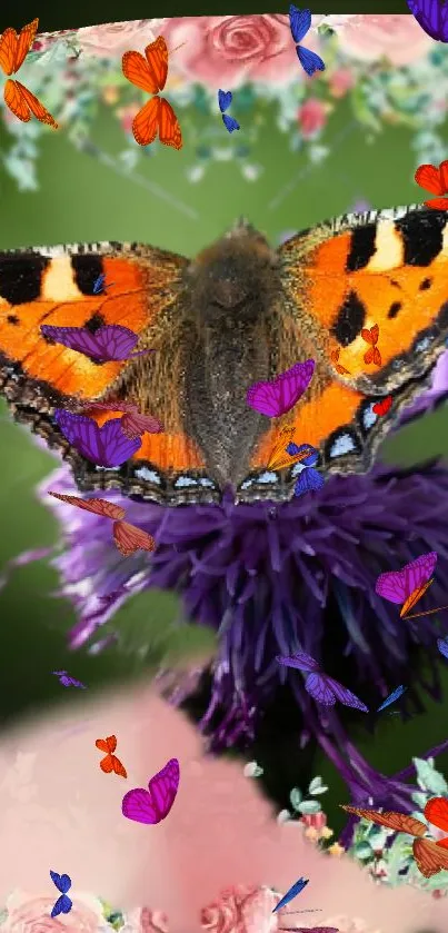 Vibrant butterfly on purple flower with colorful background.