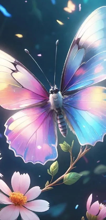 Vibrant butterfly with colorful wings on floral branch.
