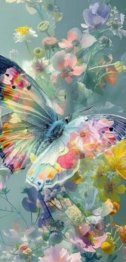 A colorful butterfly lands on vibrant flowers in this floral wallpaper.