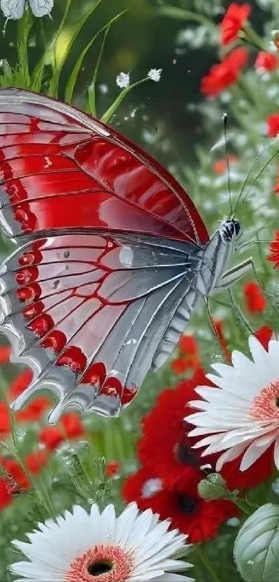 Red butterfly perched on vibrant flowers.