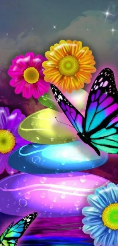 Colorful butterfly and flower wallpaper with vibrant stones.