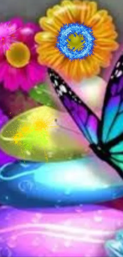 Colorful butterfly and flowers mobile wallpaper with vibrant artistic design.