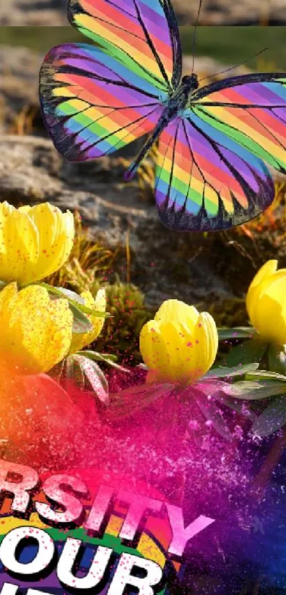 Colorful butterfly with yellow flowers mobile wallpaper.