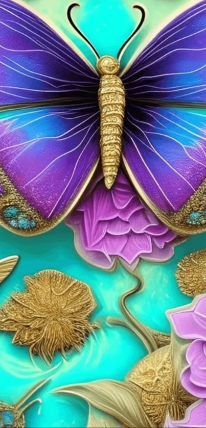 Vibrant butterfly and flowers on turquoise background.