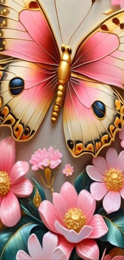 Colorful butterfly and flowers in vibrant artwork.