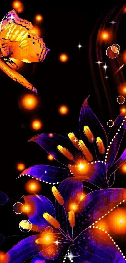 Glowing orange butterfly and purple flowers on a black background wallpaper.