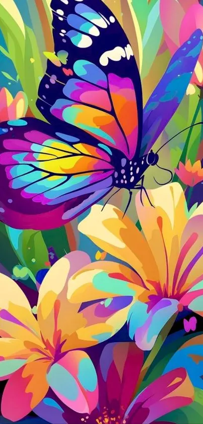 Colorful butterfly on vibrant flowers wallpaper.