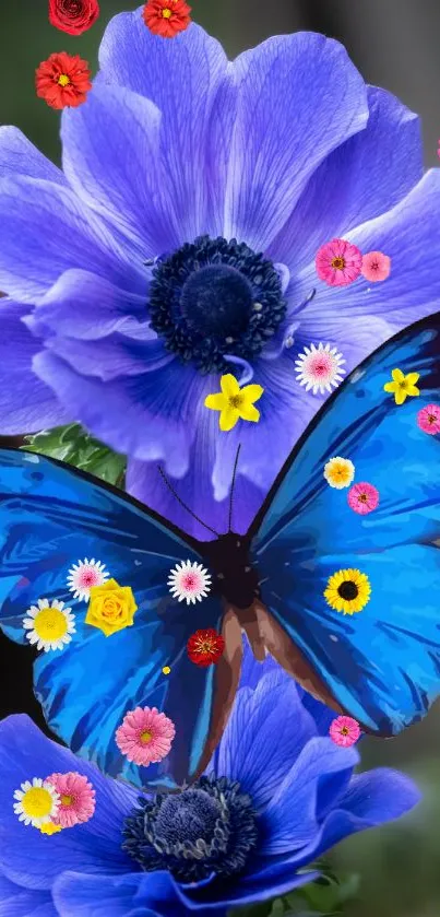 Vibrant blue butterfly with purple flowers on mobile wallpaper.