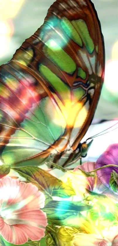 Colorful butterfly resting on vibrant flowers, artistic phone wallpaper.