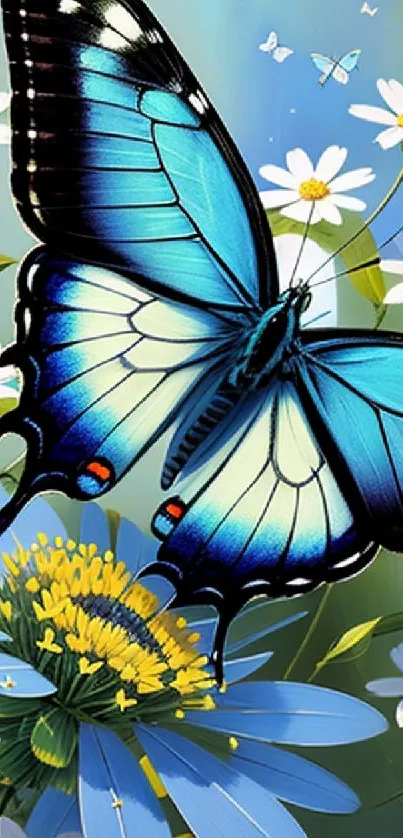 Blue butterfly resting on vibrant flowers.