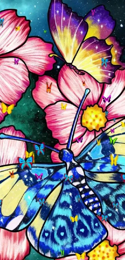 Vibrant butterfly on pink flowers with a galaxy background.