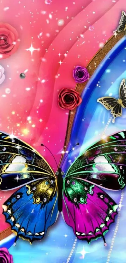 Colorful wallpaper with butterfly and floral patterns.