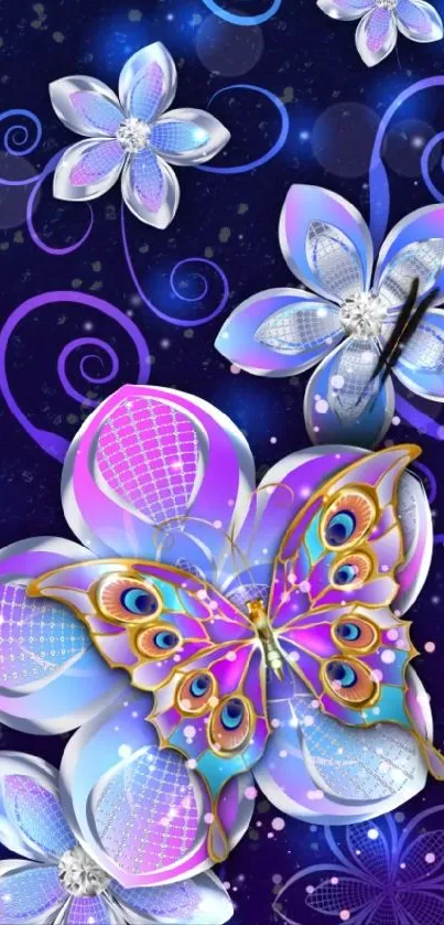 Vibrant butterfly and flower wallpaper with a deep blue background.