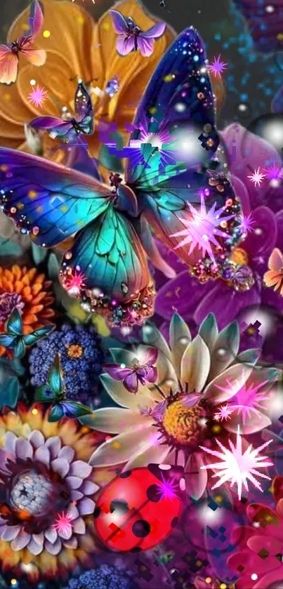 Colorful butterfly and flower mobile wallpaper with sparkling effects.