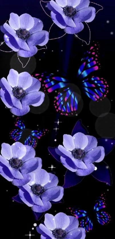 Purple flowers and vibrant butterflies on a dark background wallpaper.