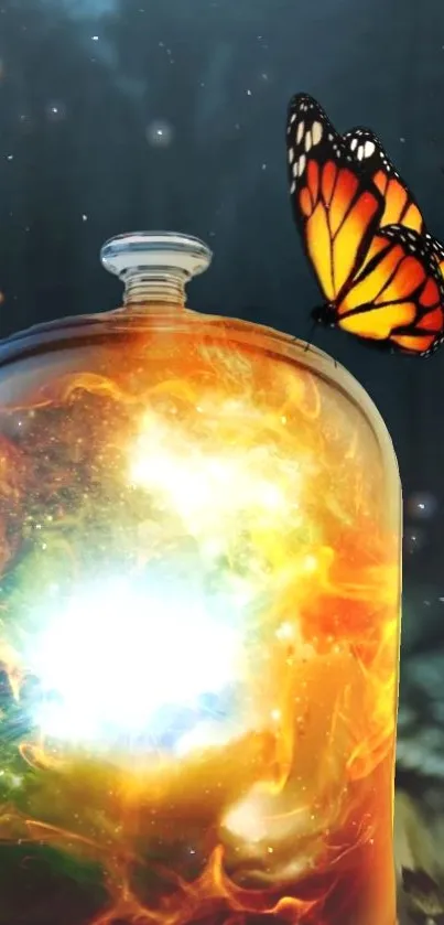 Butterfly next to a glowing jar in fantasy wallpaper.