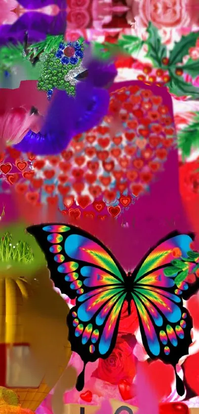 Vibrant butterfly on colorful heart and floral background.